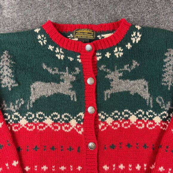 Vtg Eddie Bauer Holiday Deer Wool Cardigan Sweater Green Red Fair Isle L* - Picture 2 of 11